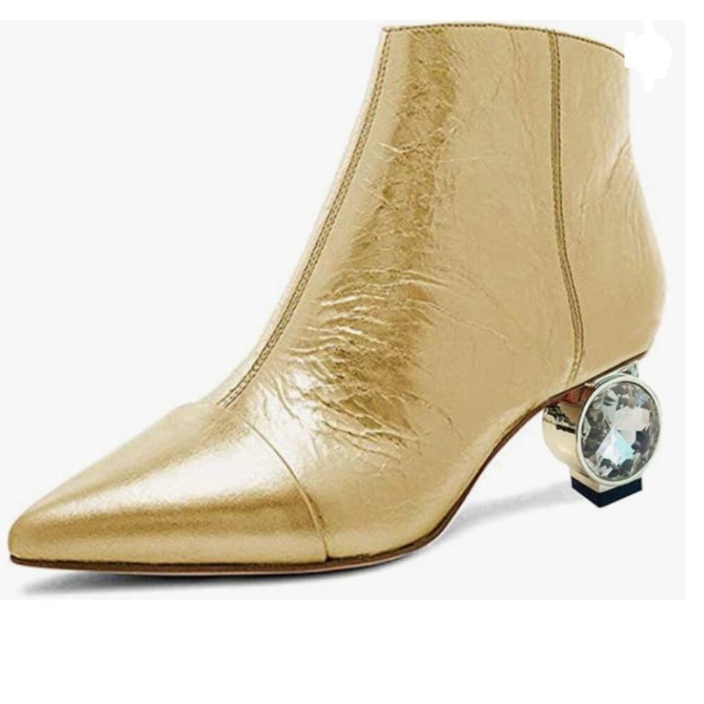 XYD Gold Crystal Low Heel Ankle Boots Pointed Toe Shoes Side Zipper Prom Shoe